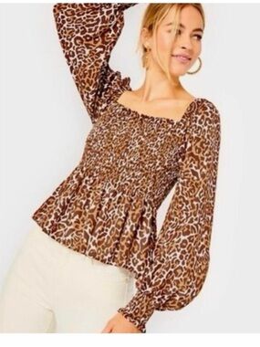 Lilly Pulitzer Brown Leopard Smocked Square-Neck Top